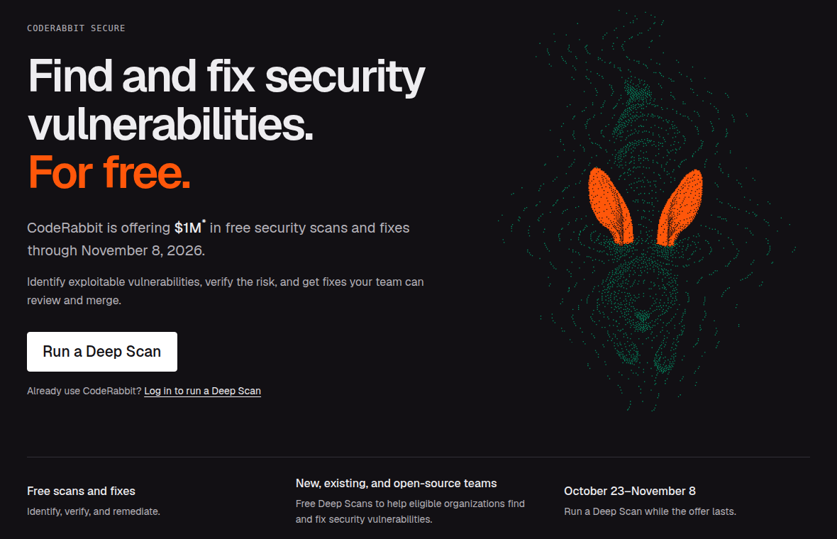 CodeRabbit 活动页：100 万美元免费安全扫描与修复，11 月 8 日截止