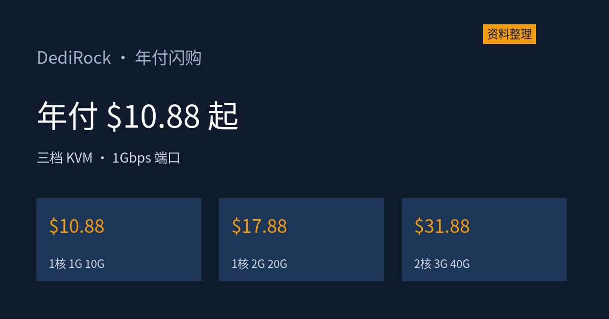 DediRock 年付闪购：$10.88 / $17.88 / $31.88 三档美国 KVM，1Gbps 端口