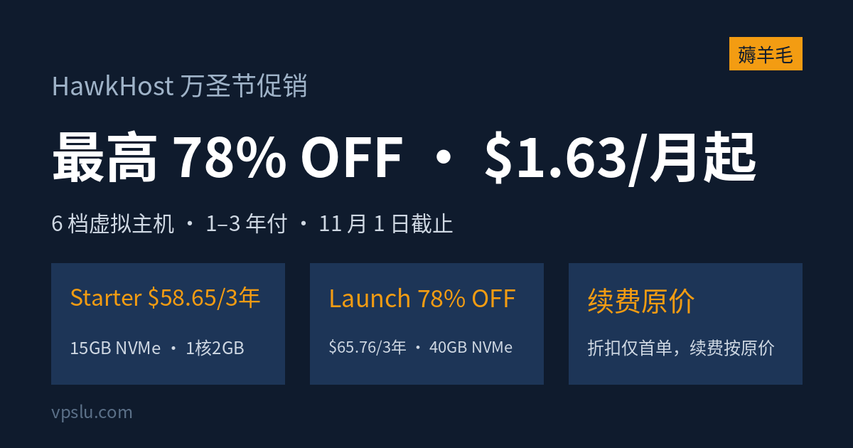 HawkHost 万圣节虚拟主机促销核实：最高 78% OFF，Starter 三年 $58.65 起，11 月 1 日截止