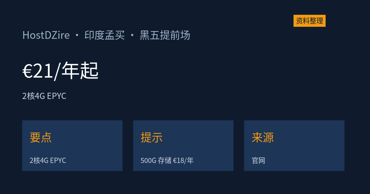 HostDZire 黑五提前场：印度 EPYC 2核4G €21/年，500G 存储型 €18/年
