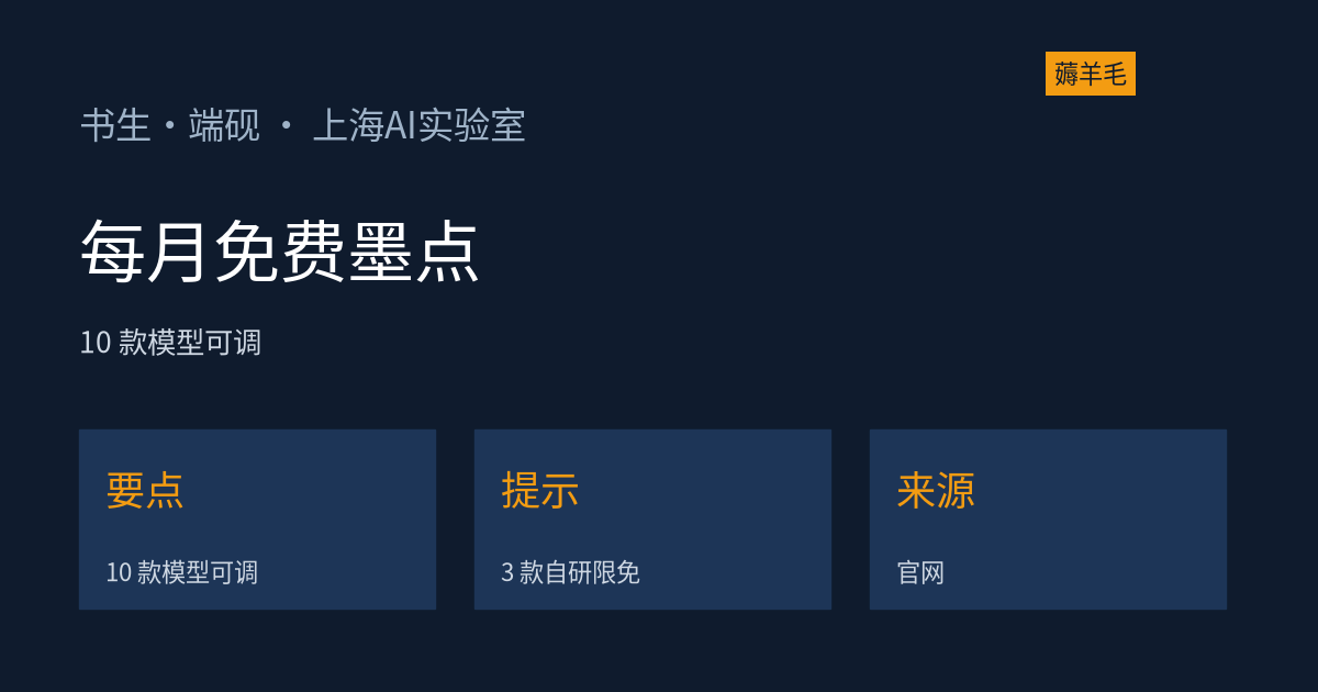 书生·端砚墨点计划：测试期每月送免费墨点，10 款模型可调、三款自研限时免费