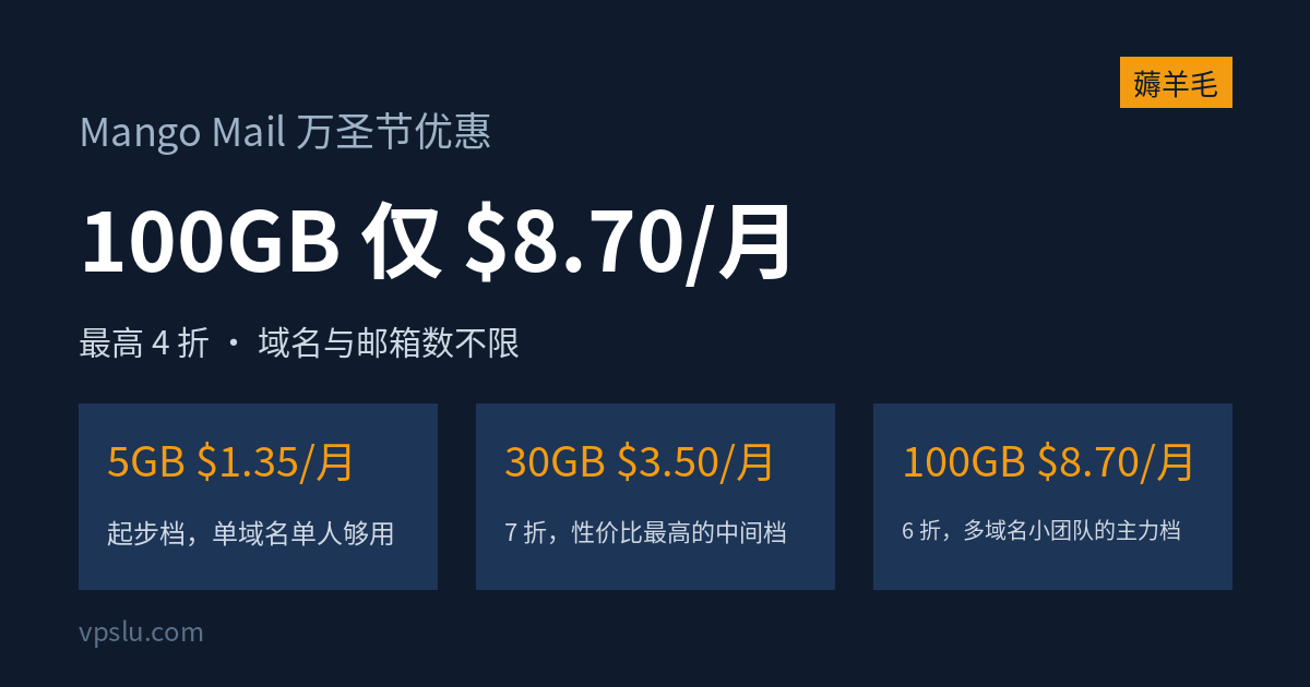 Mango Mail 万圣节优惠:100GB 邮箱 $8.70/月,域名和邮箱数都不限