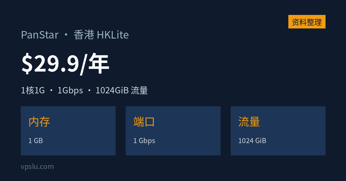 PanStar 香港 HKLite:年付 $29.9 起,1Gbps 大流量国际线,3 档有货