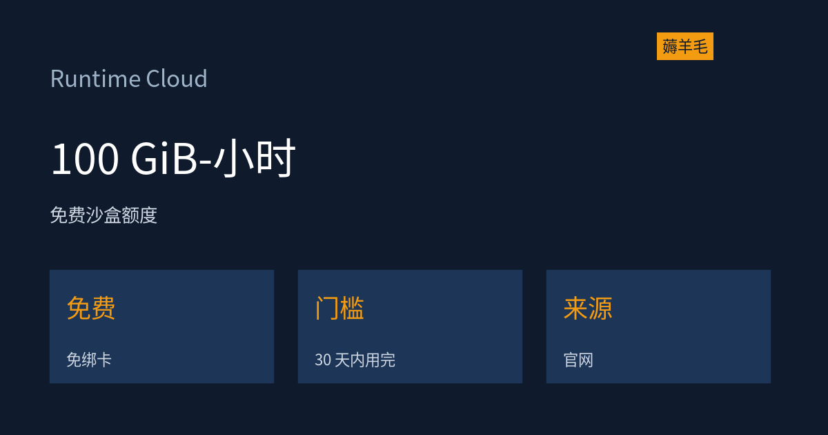 Runtime Cloud 免费沙盒额度:100 GiB-小时内存加 25 vCPU-小时,不绑卡、30 天内用完