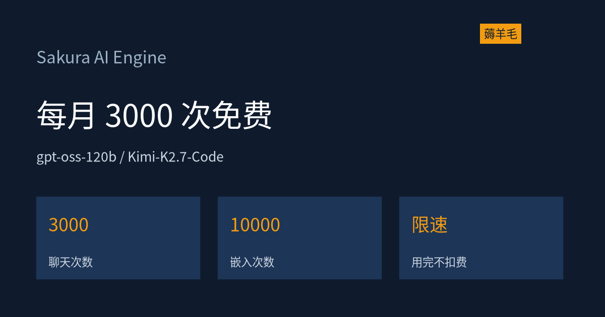樱花 Sakura AI Engine 免费计划：每月 3000 次请求，gpt-oss-120b 与 Kimi-K2.7-Code 都能用
