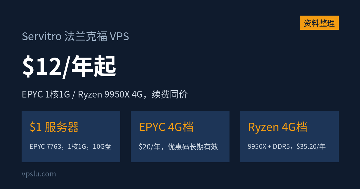 Servitro 法兰克福 VPS $12/年起:EPYC $1 服务器续费同价,Ryzen 9950X 档 $35.20/年